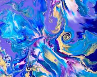 Purple, pink, blue, and gold Fluid art acrylic Dutch pour painting on purple background on 11”x14” canvas with epoxy resin topcoat