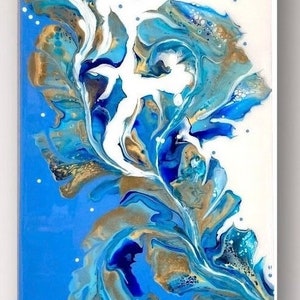 Ocean blue, white, and gold underwater seahorse original abstract Dutch Pour acrylic painting, 10x20 inches on canvas, with resin