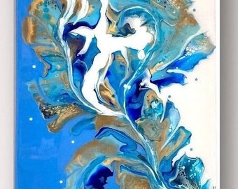 Ocean blue, white, and gold underwater seahorse original abstract Dutch Pour acrylic painting, 10x20 inches on canvas, with resin