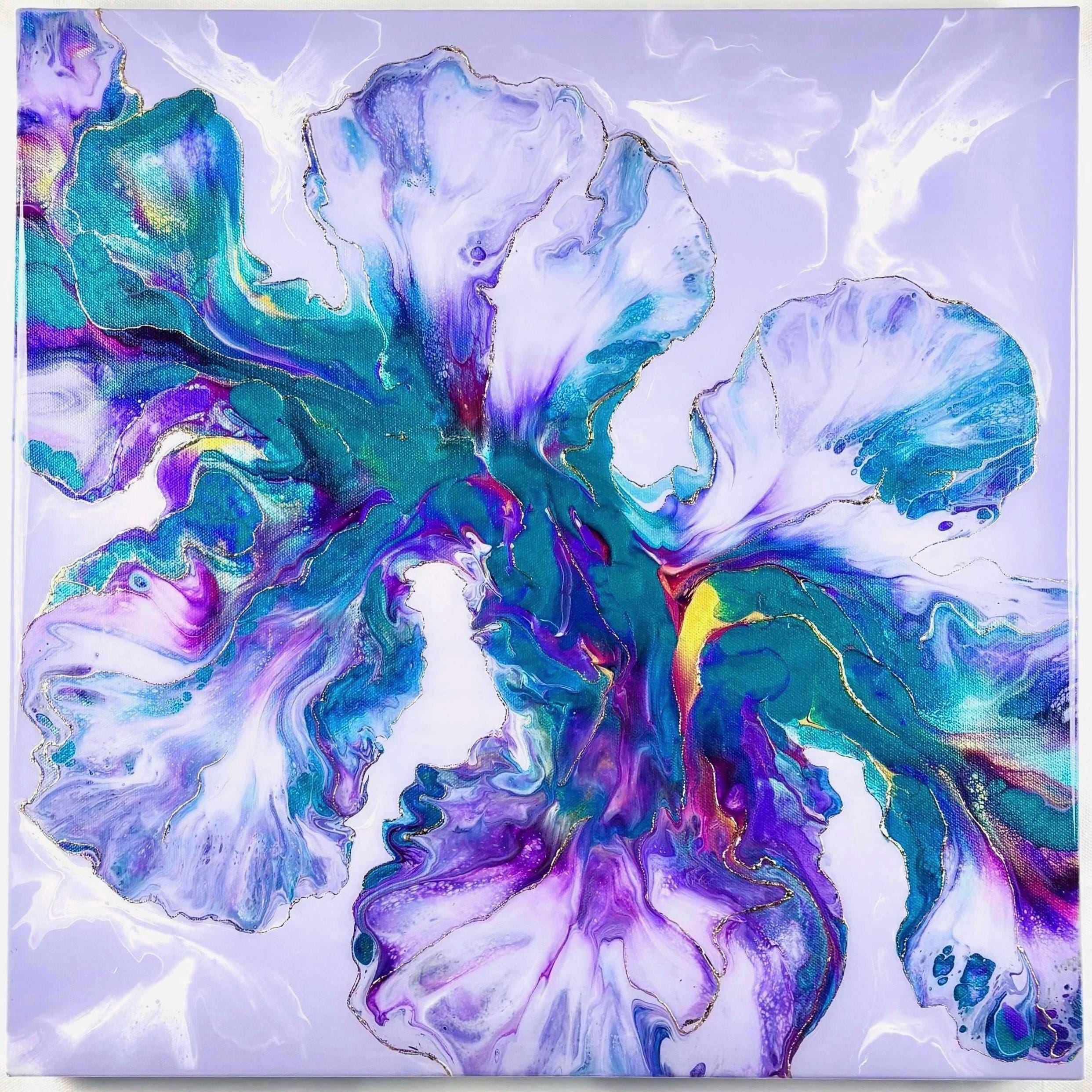 Large purple, turquoise, pink and gold acrylic Dutch pour painting with resin and gold leaf.  “Purple Dream”. On 20”x20” canvas