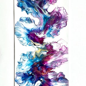 Original red magenta, blue, and gold abstract acrylic Dutch pour painting on 10”x20” canvas