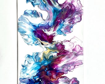 Original red magenta, blue, and gold abstract acrylic Dutch pour painting on 10”x20” canvas