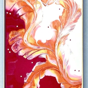Pink, copper and red on burgundy and white background, fluid art acrylic Dutch Pour painting on a 10”x20” canvas with epoxy resin topcoat