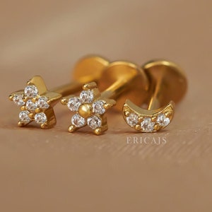 Moon cartilage earring - star labret stud earring - helix earring stud - conch stud - tragus stud - flatback earring - upper helix piercing