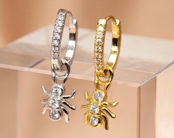 Ant CZ Huggie Hoop | 18k Gold Crystal Earring | Gothic Charm Dangle | Helix Lobe Cartilage | Insect Bug Arachnid