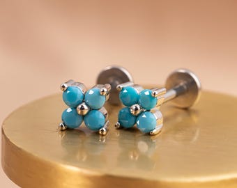 Titanium Internally Threaded Stud | Blue Opal Flower Flat Back | Cartilage Helix Piercing Jewelry | Fits Tragus Conch Lobe