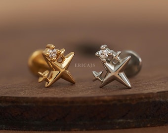Titanium North Star Helix Stud • Dainty Twinkle Star • Small Cubic Zirconia Accent • Flat Back Piercing • Minimalist Starry Jewelry