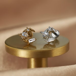 Titanium Moon Cartilage Stud Earring • Cubic Zirconia Star Planet Detail • Flatback Piercing Jewelry • Hypoallergenic