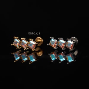 White AB Cartilage Earring - Square Helix Stud - Labret 16G 18G - Conch Stud Earring - Tragus Jewelry - Piercing Jewelry - Gold Stud Earring