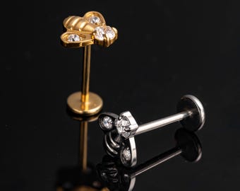 Bee CZ Flat Back Earring | Titanium Push Pin Stud | Helix Lobe Cartilage | Dainty Insect Bug | Romantic Gift
