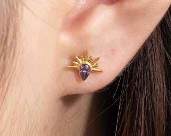 Gold Sunburst Stud Earrings | Vintage Ray Design Body Jewelry | Waterproof Teardrop Gemstone | For Lobe & Cartilage | Sparkling Gift for Her
