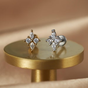 Princess Flower Crystal cartilage earring - conch stud - helix earrings - Push Pin Labret studs - flat back earring - tragus earring - 16g