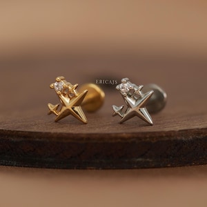 North Star Flat Back Piercing - Helix Stud Earrings - Threadless Push Pin - Celestial Earrings - Conch Stud - Titanium Earrings - Minimalist