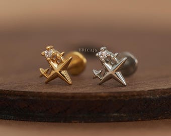 Titanium North Star Helix Stud • Dainty Twinkle Star • Small Cubic Zirconia Accent • Flat Back Piercing • Minimalist Starry Jewelry