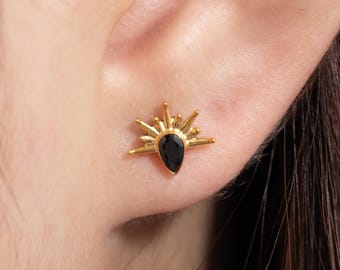 Solar Shadow Stud: G23 Titanium & Matte Black Solar Earring - Classic Art Deco Design for Elegant Timelessness - Hypoallergenic - Waterproof