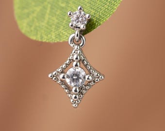 Crystal Drop Flat Back Stud, CZ Dangle Piercing Earring, Dainty Push In Labret with Titanium Post, Helix Cartilage & Lobe Jewelry