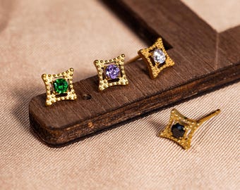 Rhombus Star Diamond CZ Stud | G23 Titanium Flat Back Earrings | Helix Conch Tragus | Geometric Minimalist | Everyday Piercing Jewelry Gift
