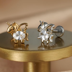 Boucle d'oreille licorne en cartilage cz - boucles d'oreilles à dos plat - boucles d'oreilles hélice - clou de conque en or - clou de tragus - clous de labret - boucles d'oreilles en titane 16 g