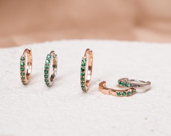 Emerald CZ Huggie Hoop | 925 Silver Green Gem | Tiny to Bold Stackable Sizes | Helix Lobe Cartilage | Minimalist Gift