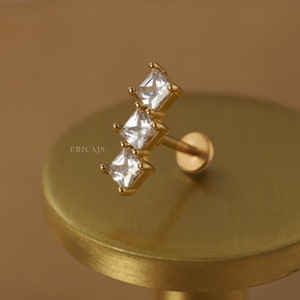 Boucles d'oreilles cartilage diamant triple carré - Boucles d'oreilles hélice - Piercing conque - Clou labret 18G - Piercing hélice - Bijoux de piercing en or