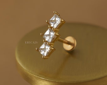 Triple Square Diamond Cartilage Earrings - Helix Earrings - Conch Piercing - Labret Stud 18G - Helix Piercing - Gold Piercing Jewelry