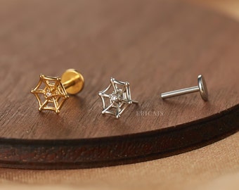 Spider Web Titanium Flat Back Earring • Cubic Zirconia Helix Stud • Gold & Silver Titanium • Gothic Aesthetic