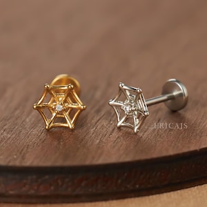 Boucle d'oreille piercing cartilage toile d'araignée - Clou d'oreille plat unique sans filetage pour le piercing à l'hélice, au tragus et à la conque - Bijoux de piercing - Punaise