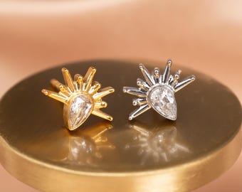 Dainty White Gem Sunburst Stud | G23 Titanium Sparkly Starburst Earring | Minimalist Everyday Jewelry | Hypoallergenic Lobe & Helix