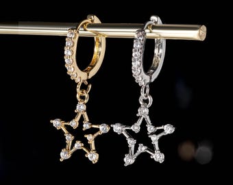 Star Drop CZ Huggie | Dainty Sparkly Crystal Drop | Crystal Constellation Drop | Helix Lobe Piercing | Celestial Dangle Pair