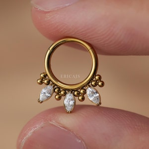 White Crystal Daith Piercing - Silver Septum Ring - Seamless Hinged Hoop - Crystal Daith Ring - 16g Click Hoop - 8mm Ring - Nose Piercing