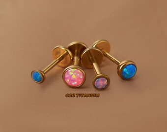 Opal cartilage earring - push pin labret stud - threadless titanium earrings - helix earring - conch piercing - 20g 16g 18g flatback earring