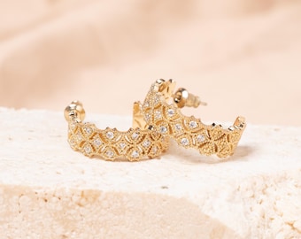 Victorian Lace C Hoop | Crystal Pave Half Hoop | Ornate Vintage Glam | Standard Lobe Wear | Elegant Gift