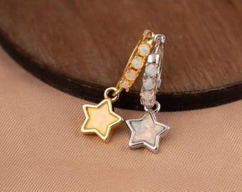 White Opal Star Hoop Earrings, Gold Huggie Hoop Earrings, Sterling Silver Post Celestial Jewelry, Dainty Lobe Piercing Gift