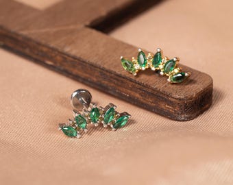 Marquise Emerald Curved Cluster / Conch Stud Piercing / Multi-Color 18G / Designed for Helix Flat / Birthday Gift