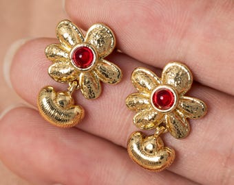 Cherry Flower CZ Stud | Vintage Dangling Earrings |Gold Floral Dangle Stud | Lobe Helix Cartilage | Hypoallergenic (pair)
