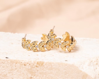 Laurel Leaf CZ Huggie Hoop | Pair Leaf Wrap Earrings | Roman Greek Wreath Olive Branch  Helix Lobe | Hypoallergenic Jewelry