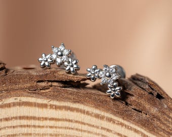 Triple Flower CZ Stud | Titanium Flat Back Earring | Dainty Cluster | Helix Cartilage Lobe | Minimalist Gift