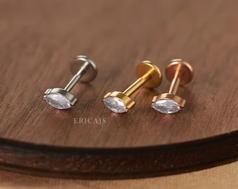 Crystal Marquise Piercing Stud - Flat Back Earrings - Everyday Earring, Minimalist Tragus Piercing -16g Nose Stud