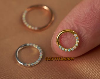 White Opal Clicker Hoop | 16G Surgical Steel Septum Ring | Iridescent Opal Piercing Jewelry | Ideal for Daith Helix Tragus