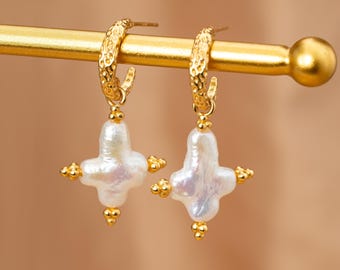 Baroque Pearl C Hoop | Cross Dangle Earrings | Delicate Vintage Jewelry | Elegant Unique Design | Fits Lobe Helix Piercing | Gift for Her