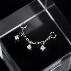 Triple CZ Chain Studs • Dual Piercing Connector • Dainty Link Chain Dangle • Edgy Second Hole Jewelry • Stacking Piercing