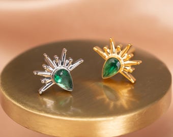 Green Teardrop Sunburst Stud Earrings | G23 Titanium Astrology Jewelry | Waterproof Hypoallergenic End Only | Helix Tragus Lobe Piercing