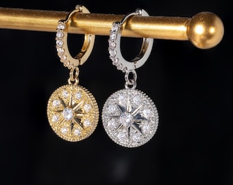 Starburst Drop Earrings | Crystal Circle Medallion | Ideal for Lobe Helix and Cartilage | Meaningful Anniversary Gift for Her or Loved Ones