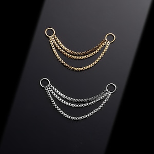 18K Gold Plated Triple Box Chain,  Delicate Dainty Earring Charm Ear Connector for Cartilage Piercing, Mini Silver Chain Link Attachment