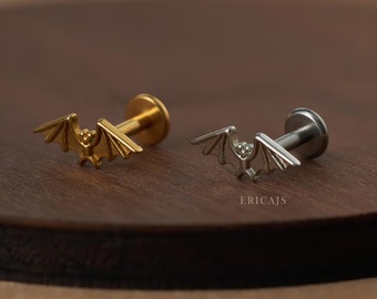 Gothic Bat Push Pin Labret: Titanium Flat Back Earring