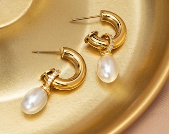 Pearl Hoop Earrings Gold, Chunky Statement Earrings, Baroque Pearl Drop Huggie Hoop, CZ Pave Earrings for Lobe Piercing Jewelry