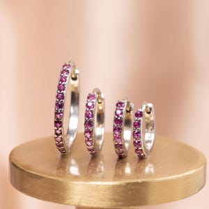 May include: Four silver hoop earrings of varying sizes, each encrusted with small, vibrant pink gemstones. The earrings are displayed on a gold-colored, circular stand against a soft pink background.