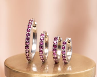 Ruby Huggie Hoop Earring |  925 Silver Red Gem Earring | Dainty Minimalist | Helix Lobe Cartilage | Gift for Her