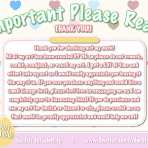 Puede incluir: Un cuadro de texto ilustrado rosa y blanco con las palabras "Importante Por Favor Lea" en texto verde y "&iexcl;Gracias!!" en texto negro. El cuadro de texto contiene un mensaje sobre el respeto al trabajo del artista y pide cr&eacute;dito si se utiliza.