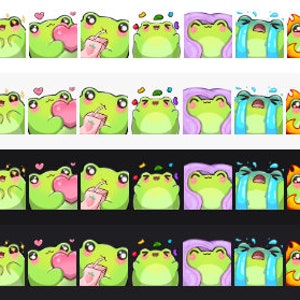 Puede incluir: Un conjunto de 10 emojis de rana con diferentes expresiones, incluyendo corazones, una bebida, una l&aacute;grima, fuego y una cara enojada. Los emojis est&aacute;n sobre un fondo blanco con el texto "ADORIITY:" en rosa.